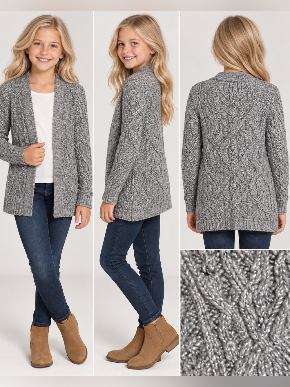 Cat & Jack Girls L 10/12 Gray Silver Sparkle Cable Knit Open Cardigan